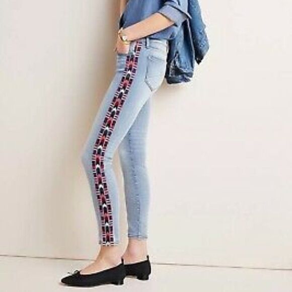 Driftwood Women's Jackie Jeans Aztec Embroidered Side Panels Distressed 25 - Picture 1 of 8